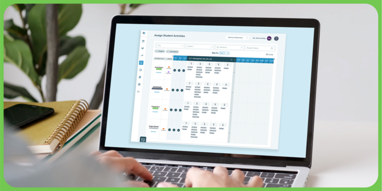 Teacher view: a dashboard inside of 95 Phonics Lesson Library 2.0 , used for tracking student progress and assigning targeted skills-based practice.
